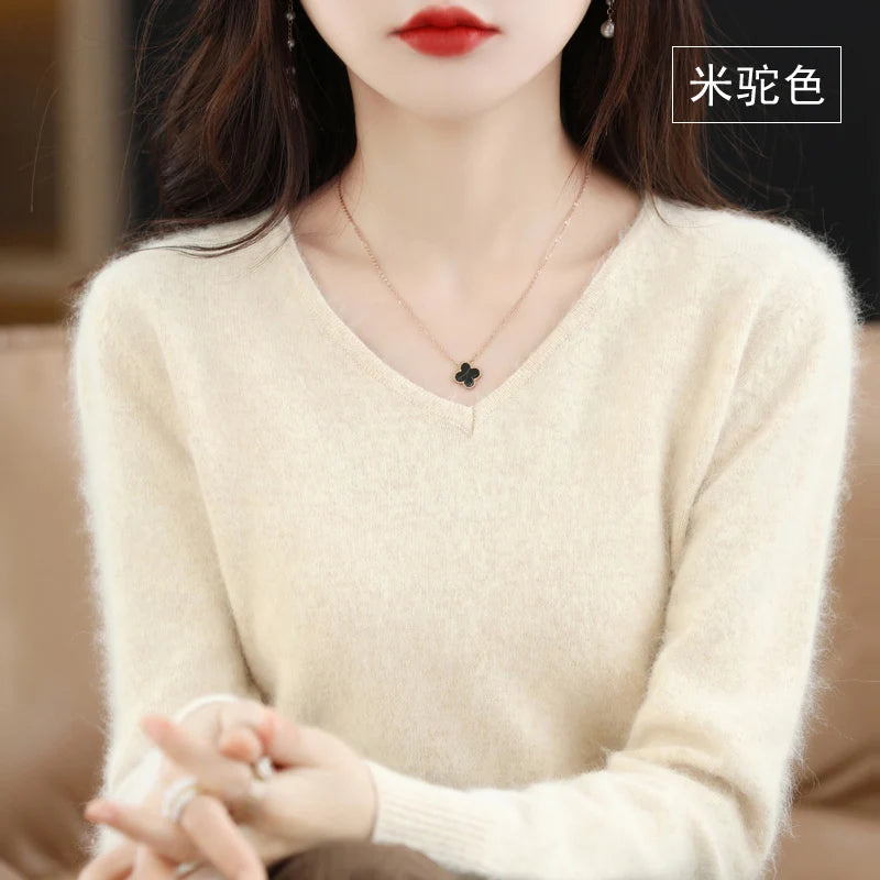 Autumn and Winter New Women's Sweater 100% Mink Cashmere Women's V-neck Pullover Casual Knitting Basic Fashion Large Top