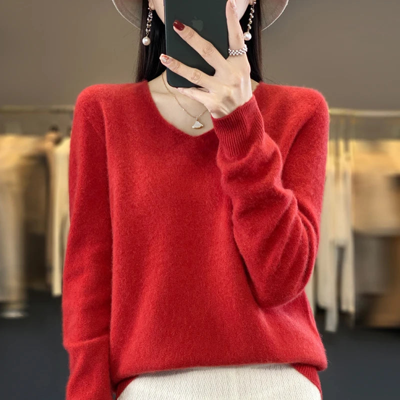 New Autumn And Winter Fashion First-Line Sweater 100% Pure Wool Women's V-Neck Pullover Knitted Base DMR201