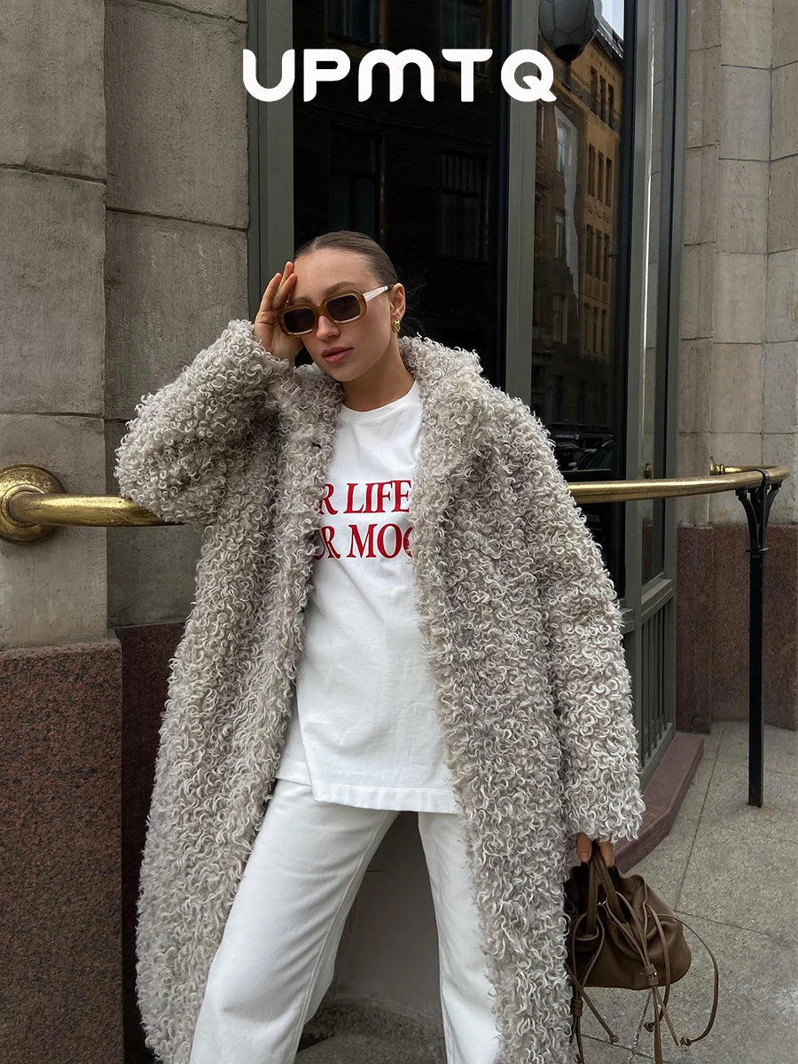 Gray Wool Faux Fur Shearling Long Coat for Women Winter 2025 Winter Fashion Trendy Teddy Maxi Coat Monki Curly Clean Fit Outwear