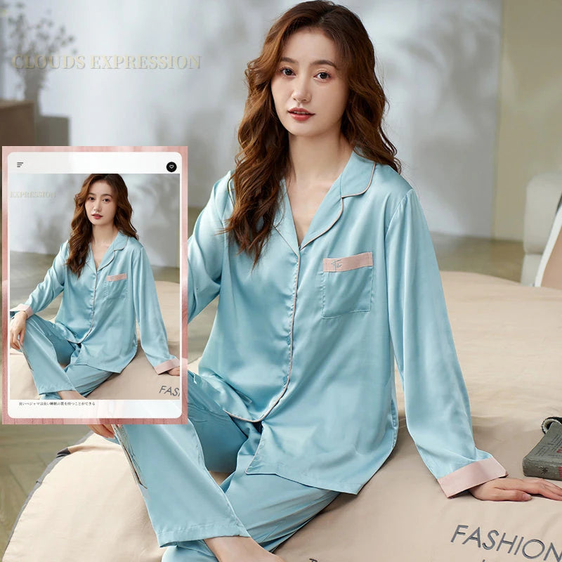 Spring Summer Ladies Faux Silk Polyester Pajama Sets Sexy Homewear Women's Casual Luxury Pajamas Thin Pajamas Female Sleepwear