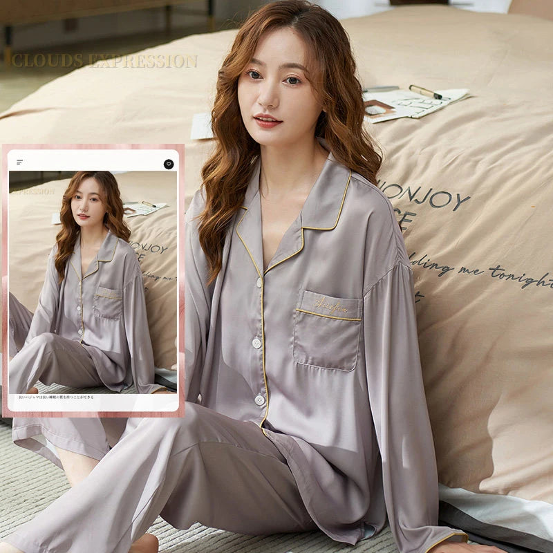 Spring Summer Ladies Faux Silk Polyester Pajama Sets Sexy Homewear Women's Casual Luxury Pajamas Thin Pajamas Female Sleepwear