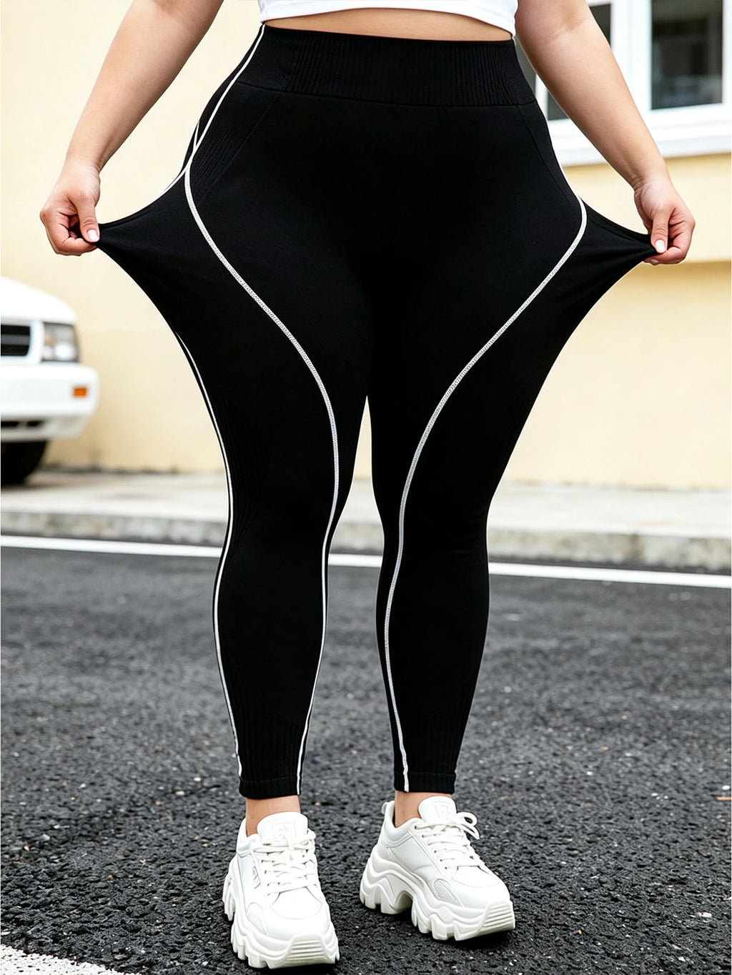 Plus Size Women's Sports Leggings, Seamless, High Waist, Contrast Piping, Butt Lifting, 4-Way Stretch, Gym Casual