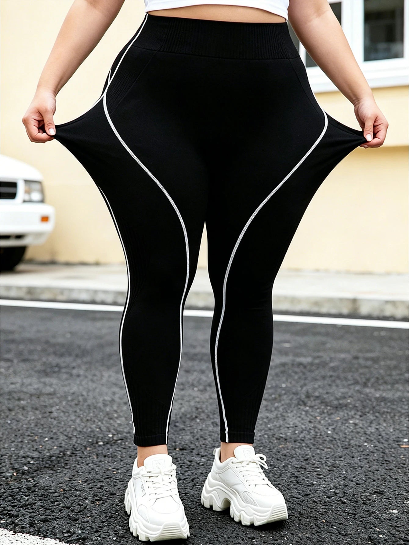 Plus Size Women's Sports Leggings, Seamless, High Waist, Contrast Piping, Butt Lifting, 4-Way Stretch, Gym Casual