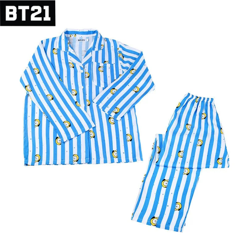 Kawaii Bt21 Tata Cooky Rj Pocket Short Sleeve and Shorts Pajama Set, Casual Satin Sleepwear with Lapel Collar and Button Detail