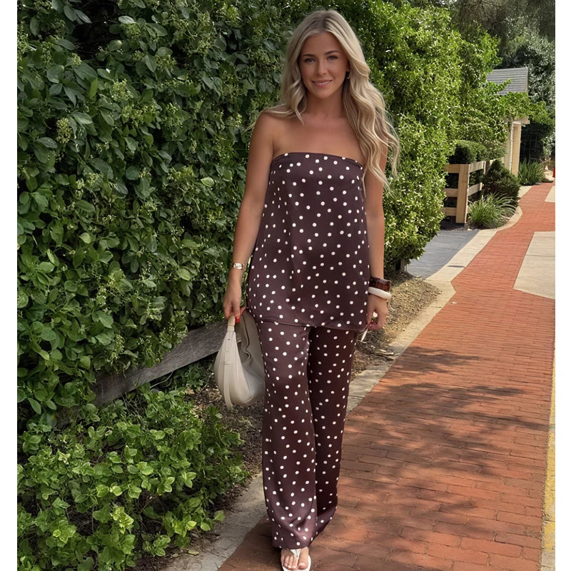 MUJER Polka Dot Pants Set Women 2 Piece Satin High Waist Woman Trousers Suits Corset Crop Top Woman Summer Outfit Women's Pants