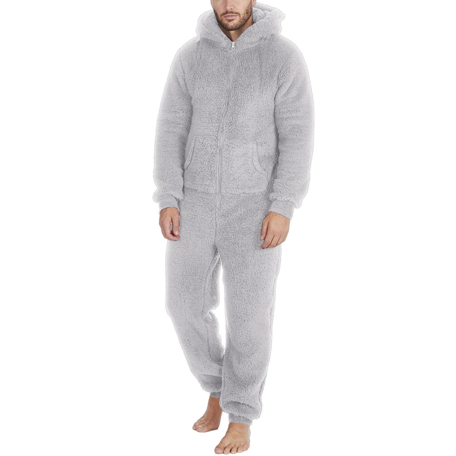 Men's Hooded Pajamas Autumn and Winter Thickened Jumpsuit Hooded Clothing Fleece Zipper Front Full Length Jumpsuit Sleepwear