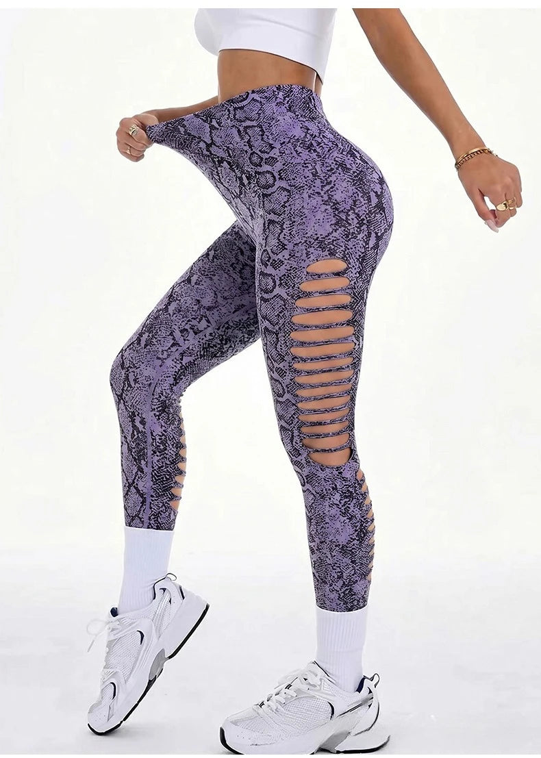 High Waist Seamless Ripped Sports Leggings for Women, Yoga Running Fitness Pants