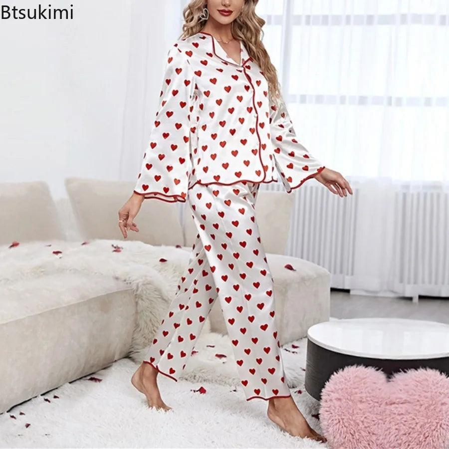 Women's Casual Soft Sleepwear Sets Spring Autumn Satin Printed Heart-shaped Long Sleeved Top and Pants Two Piece Home Suit Set
