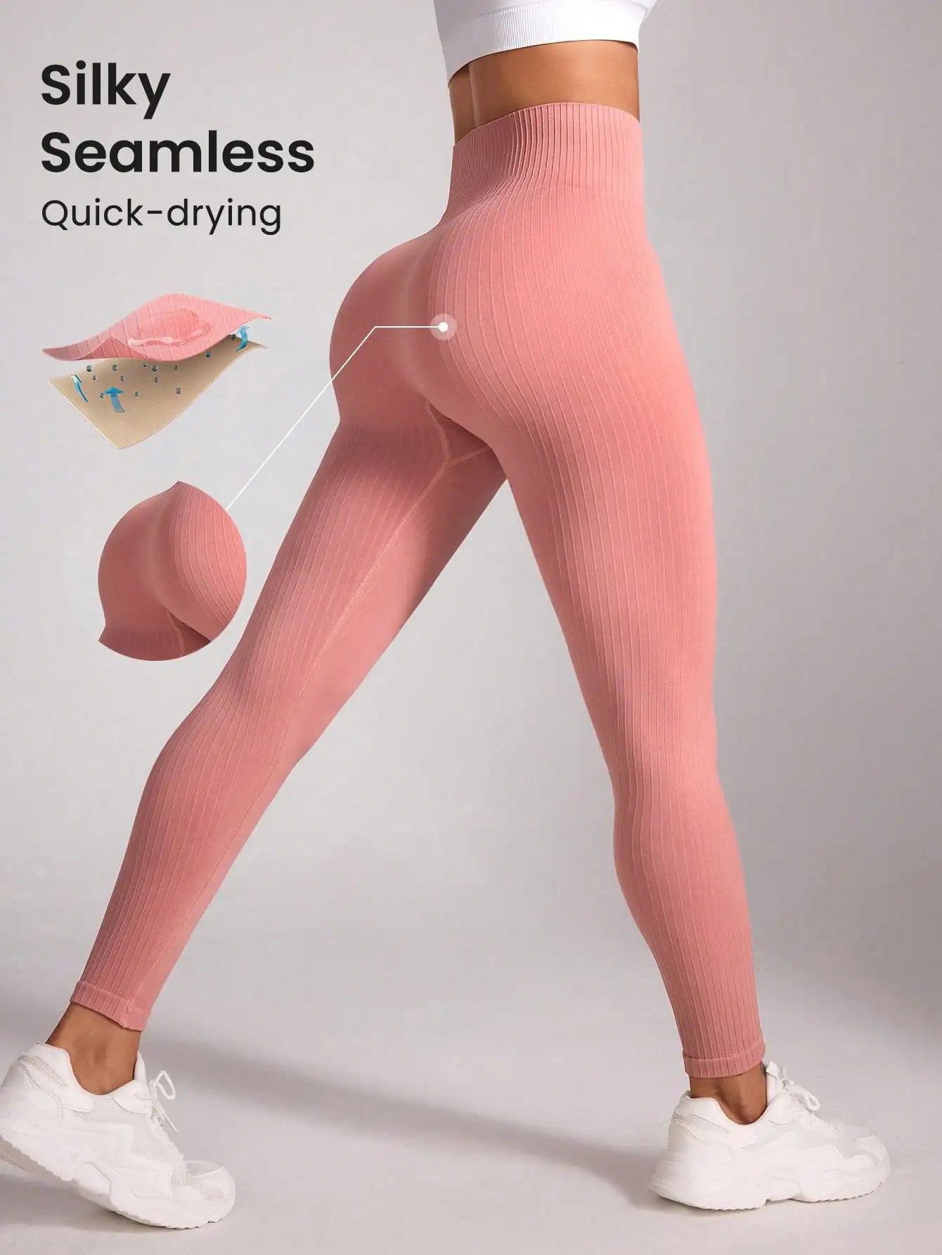 Pink Ribbed Yoga Leggings Women High Waist Seamless Tummy Control Butt Lifting Fitness Workout Tights Gym Sportswear