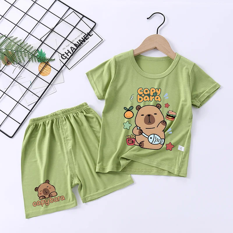 Capybara Cute Pajamas Suit Short Sleeve Sleepwear Cartoon Animal Print Soft Homewear Set Kawaii Silky Home Nightgown Summer Gift