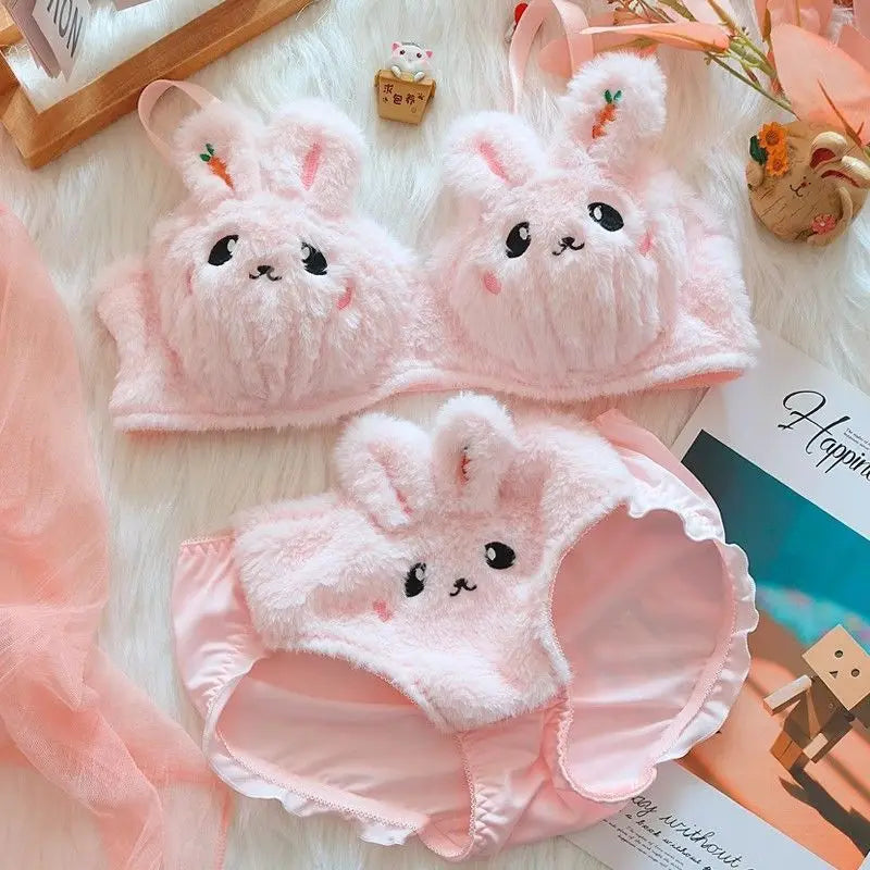 Japanese Cute Plush Lingerie Set – Soft Warm Push-Up Bra & Panties, No Steel Ring Women’s Underwear Suit