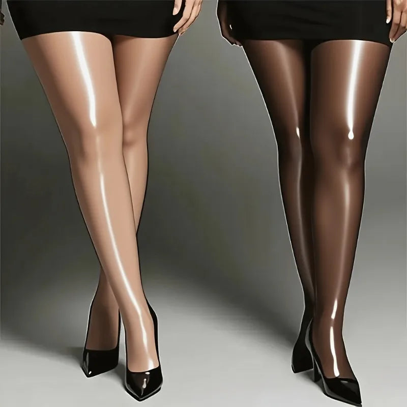 Plus Size Women's Black One-Pair Oil Gloss Pantyhose High Waist Elastic Sheer Tights Leggings Sexy Horse Oil Pantyhose Tights