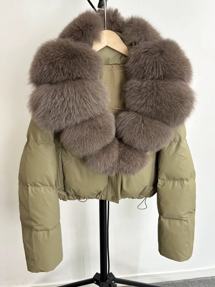 Janveny Large Natural Fox Fur Collar 90% White Duck Down Jacket Women Winter Short Waterproof PU Puffer Coat Female Thick Parkas
