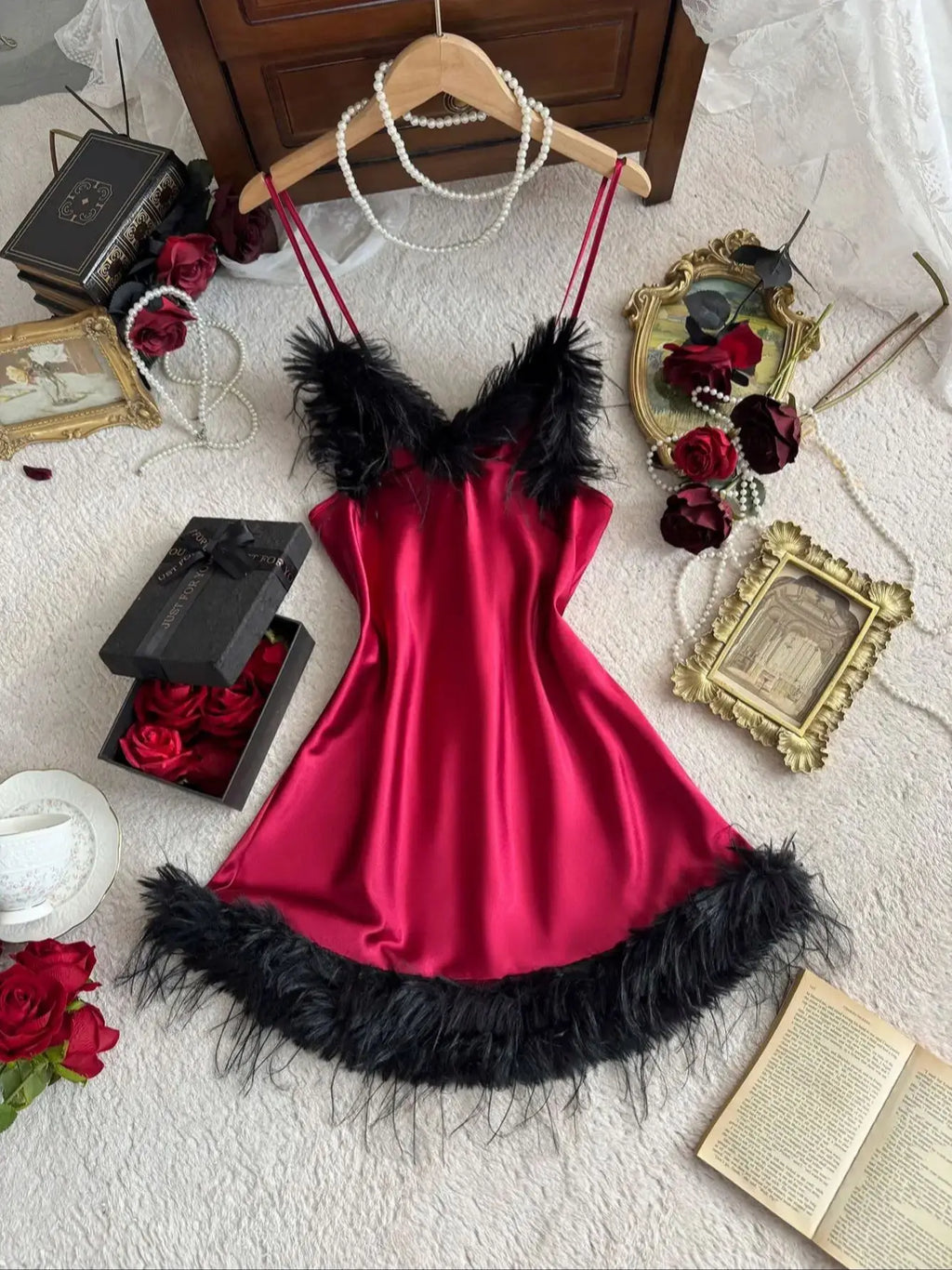 Women's Feather Trim Nightdress V Neck Sexy Solid Breathable Short Dress For Home or party