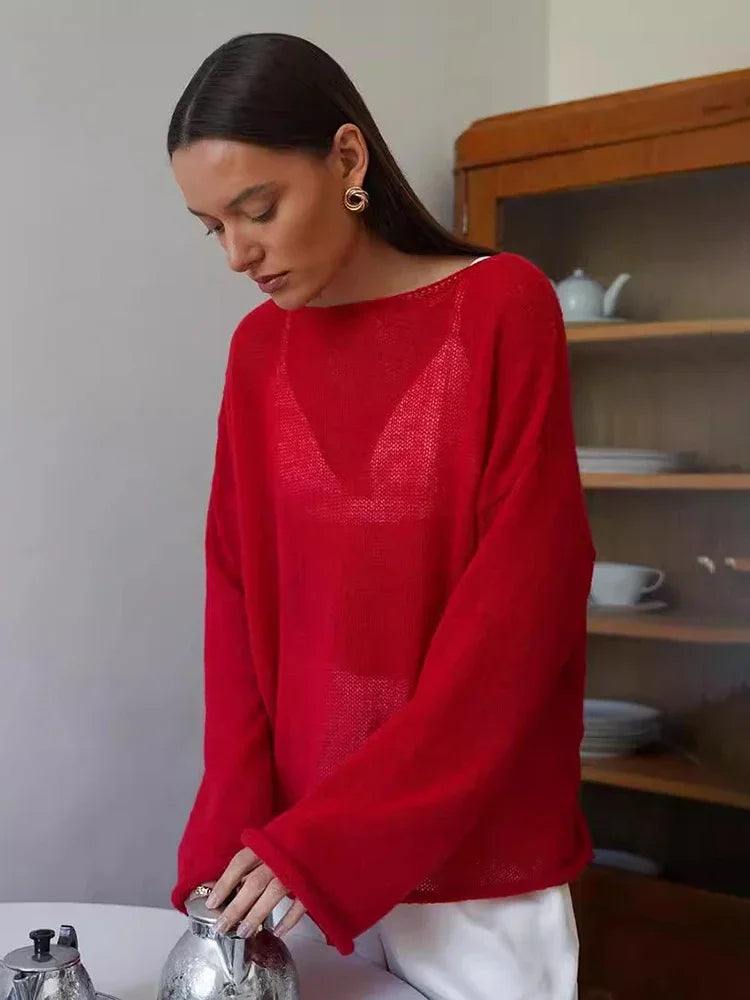 TARUXY Hollow Knitted Sweater Pullover 2024 Autumn New Women's See Through Thin Large Round Neck Bell Long Sleeve Knit T-Shirt