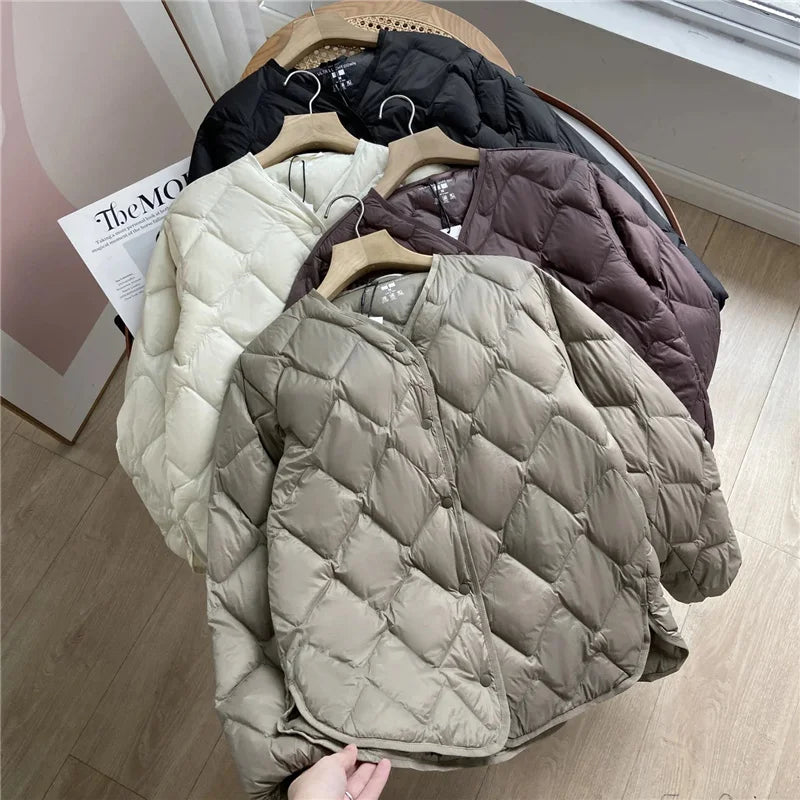 Janveny 2025 New Autumn Winter Ultra Light Collarless Soft Puffer Jacket Women Casual Loose Single Breasted 90% Duck Down Coat