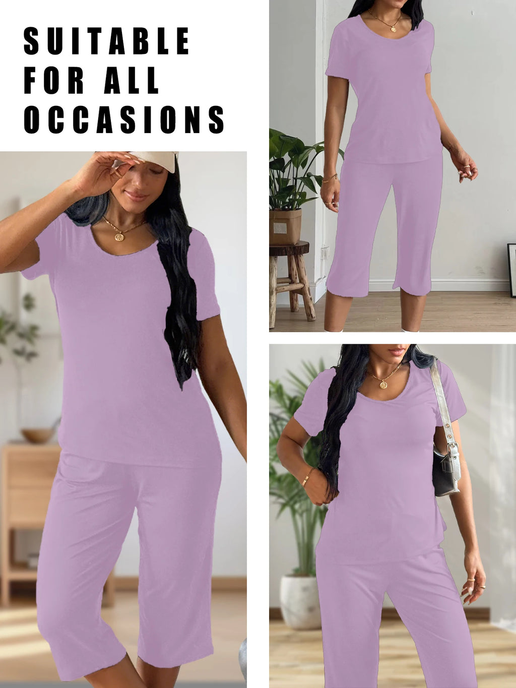 Womens Super Soft Pajama Sets Short Sleeve Top With Capri Pants Sleepwear 2 Piece Lounge Set