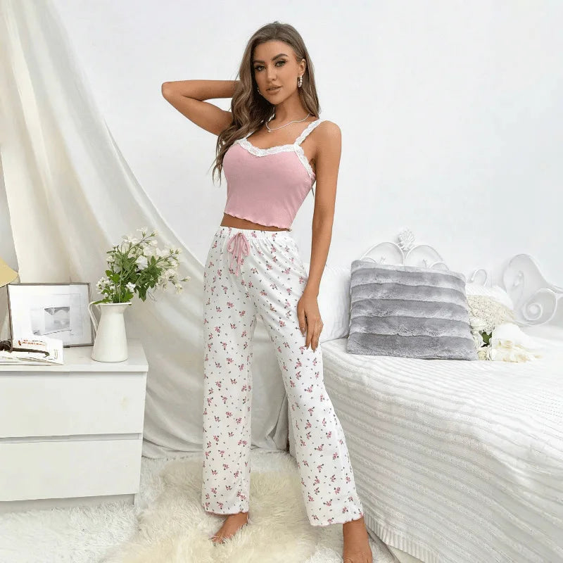 Pajamas 2 Piece Sets Women Camisole Pants Summer Lace Sleeveless Flower Print Sling Top Trousers Sleepwear Cute Nightwear Suit