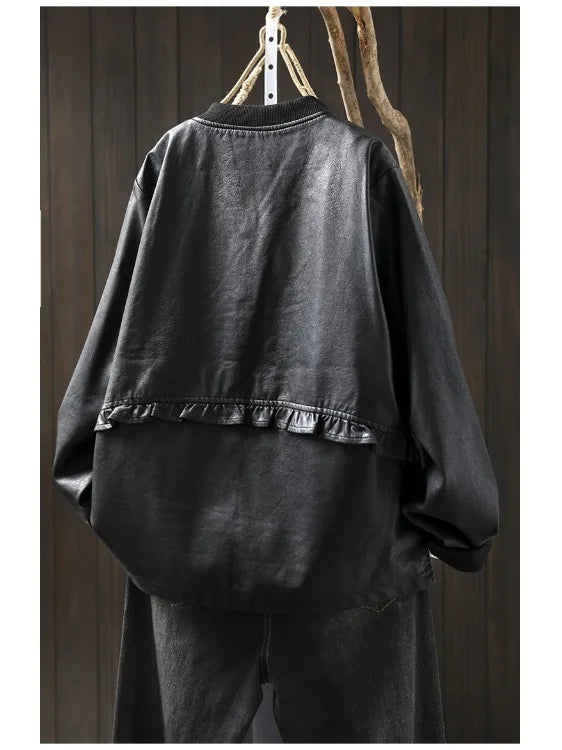 Casual Long Sve PU Leather Jaet Women's Sle Collar Baseball Coat Trendy Ba Splicing Ball Game Faion Outerwear
