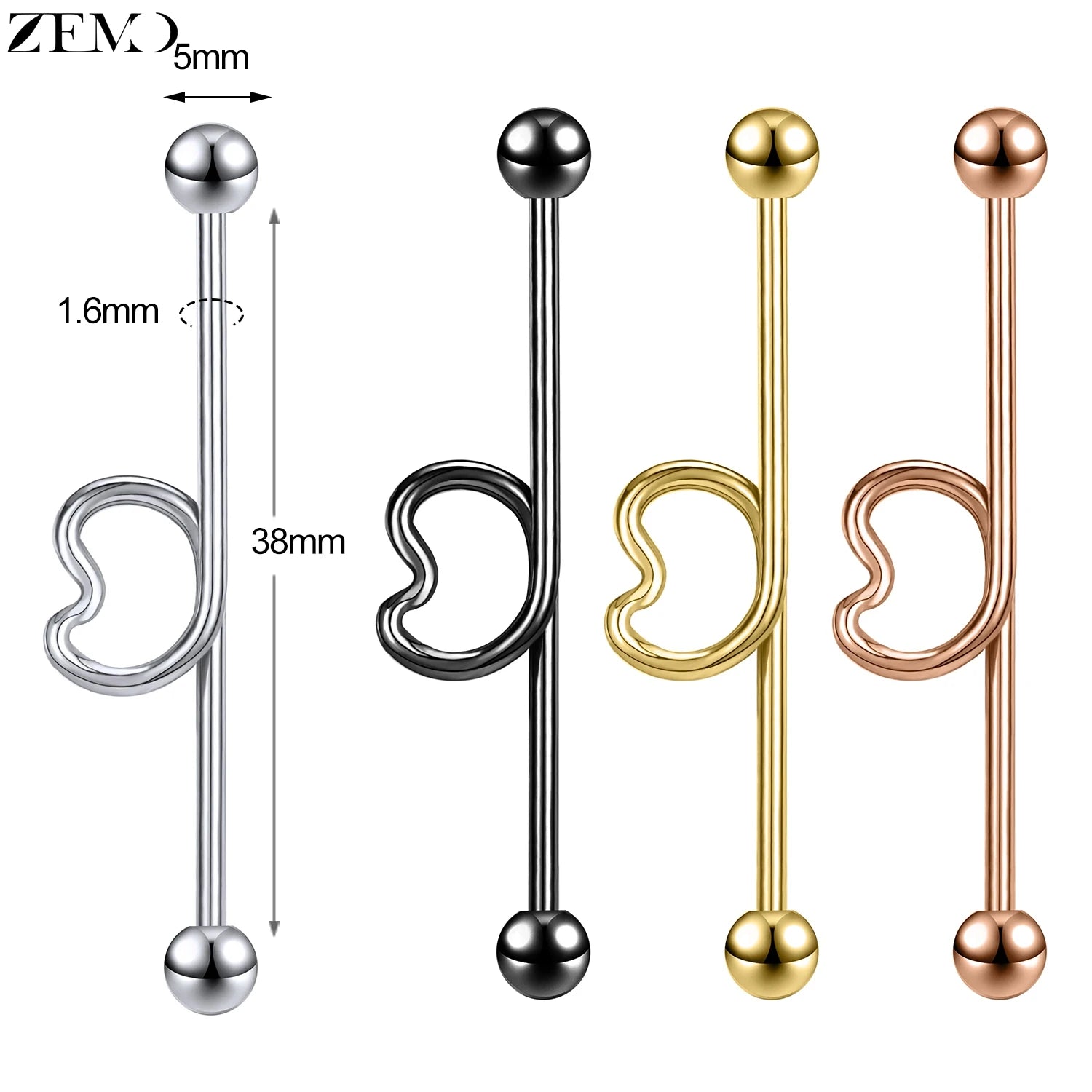 ZEMO 1 Piece 14G Stainless Steel Long Industrial Piercing Women Men 38MM Stud Earrings Barbell Taper Arrow Conch Helix Piercings