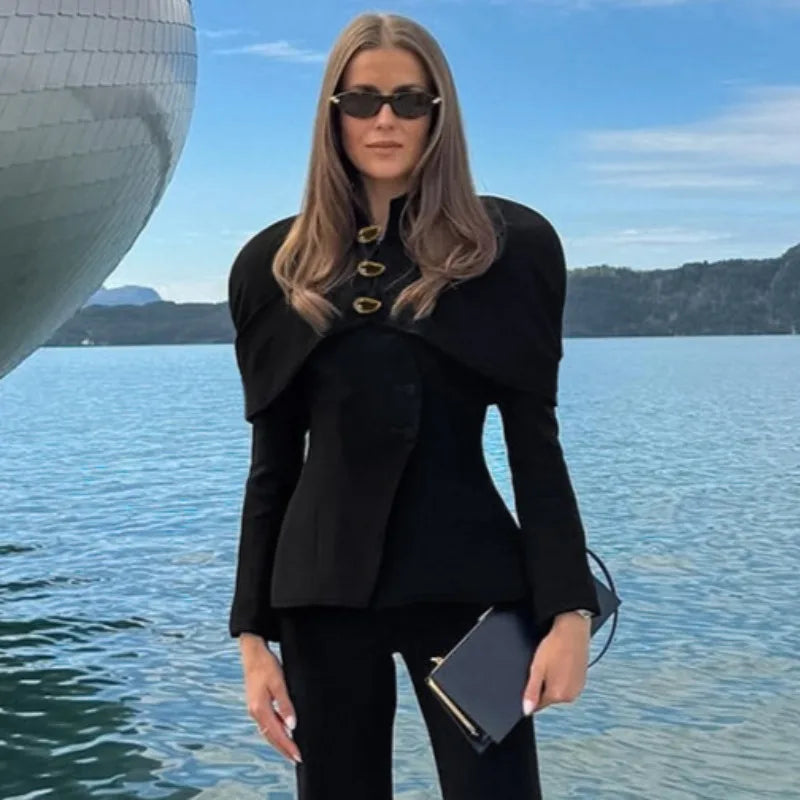 Trendix Black Elegant Blazer For Women 2025 Autumn Fashion Gold Buttons Patchwork Jacket Coat Party Vintage Commuter Suit Jacket