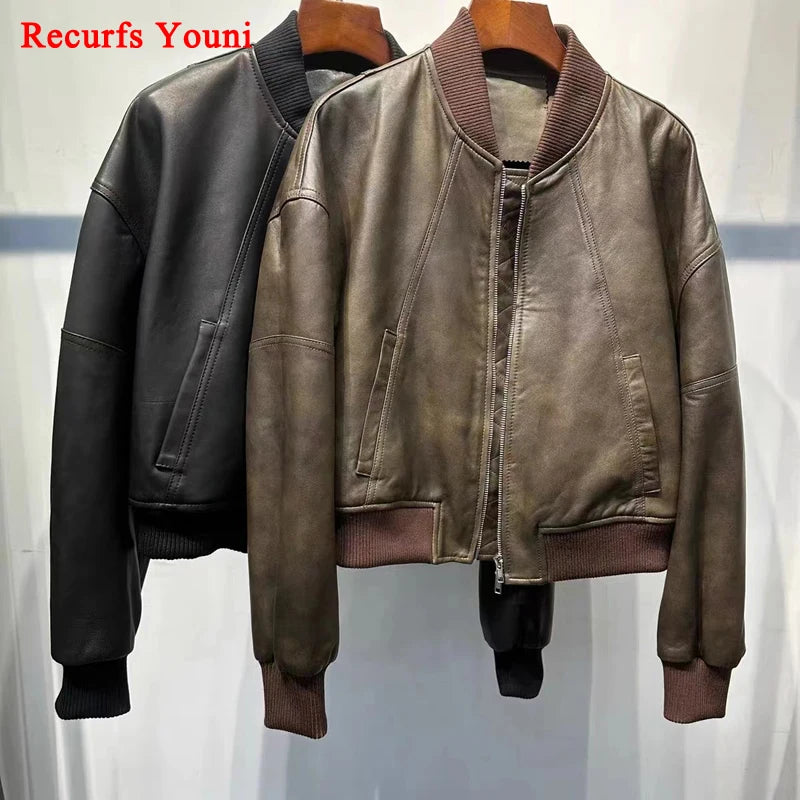 Leather Cropped Bomber Jacket For Women 2025 Winter European Old Money Designer Female Distressed Sheepskin Short Coat Outwear