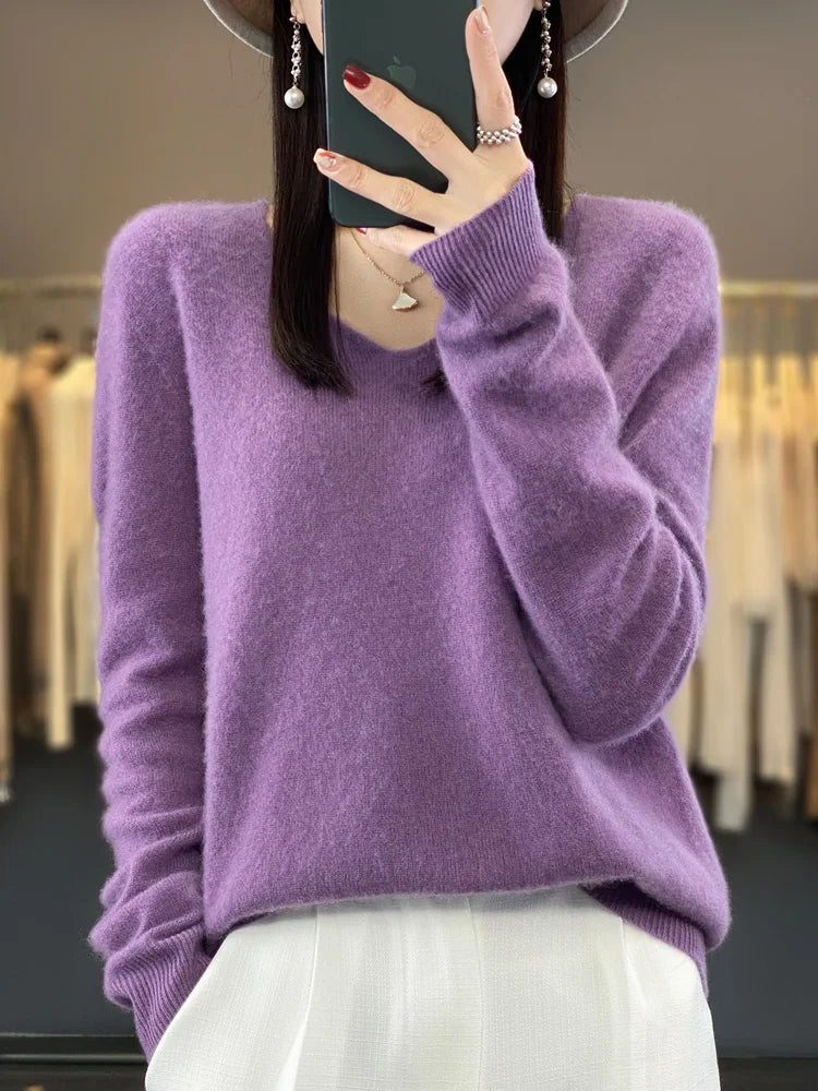 New Autumn And Winter Fashion First-Line Sweater 100% Pure Wool Women's V-Neck Pullover Knitted Base DMR201