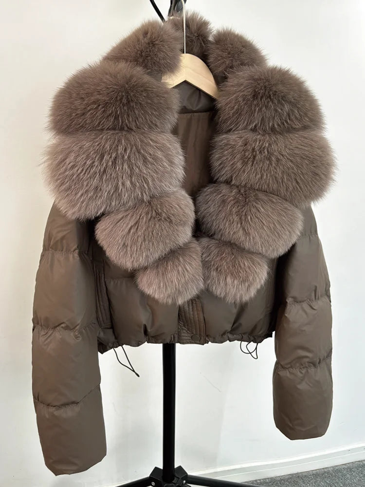 Janveny Large Natural Fox Fur Collar 90% White Duck Down Jacket Women Winter Short Waterproof PU Puffer Coat Female Thick Parkas