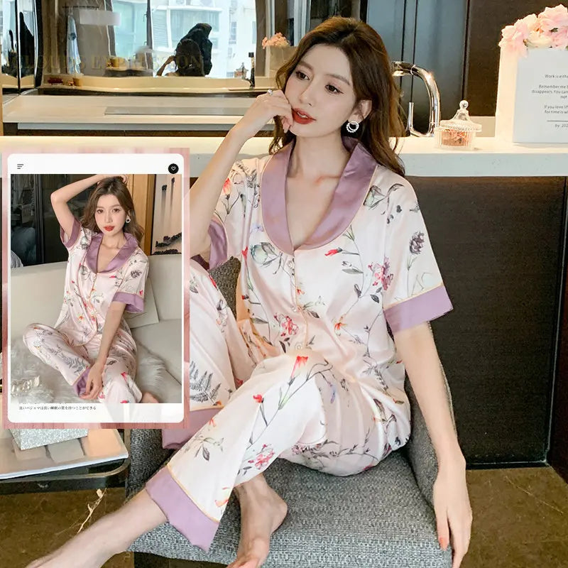 Spring Summer Ladies Faux Silk Polyester Pajama Sets Sexy Homewear Women's Casual Luxury Pajamas Thin Pajamas Female Sleepwear
