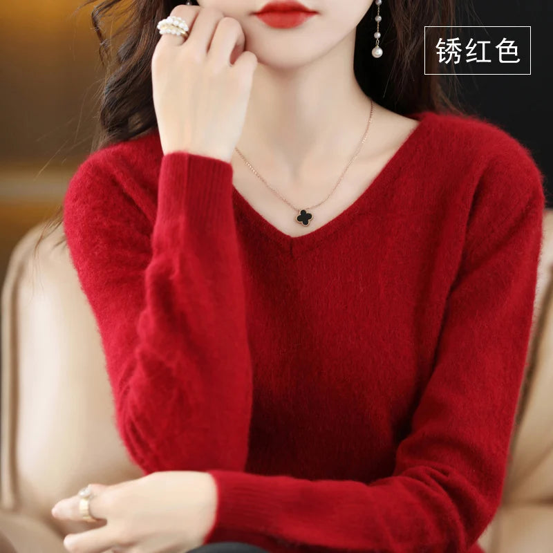 Autumn and Winter New Women's Sweater 100% Mink Cashmere Women's V-neck Pullover Casual Knitting Basic Fashion Large Top