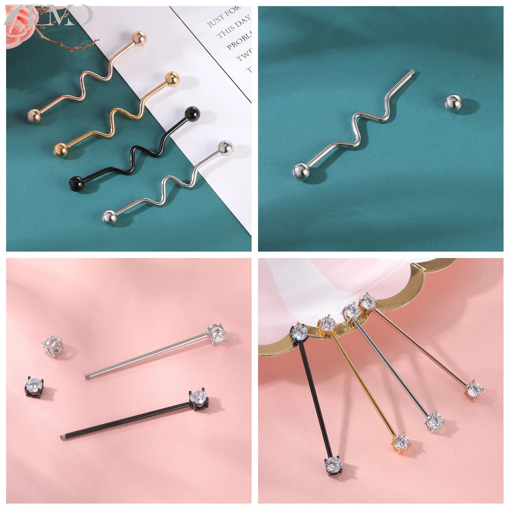 ZEMO 1 Piece 14G Stainless Steel Long Industrial Piercing Women Men 38MM Stud Earrings Barbell Taper Arrow Conch Helix Piercings