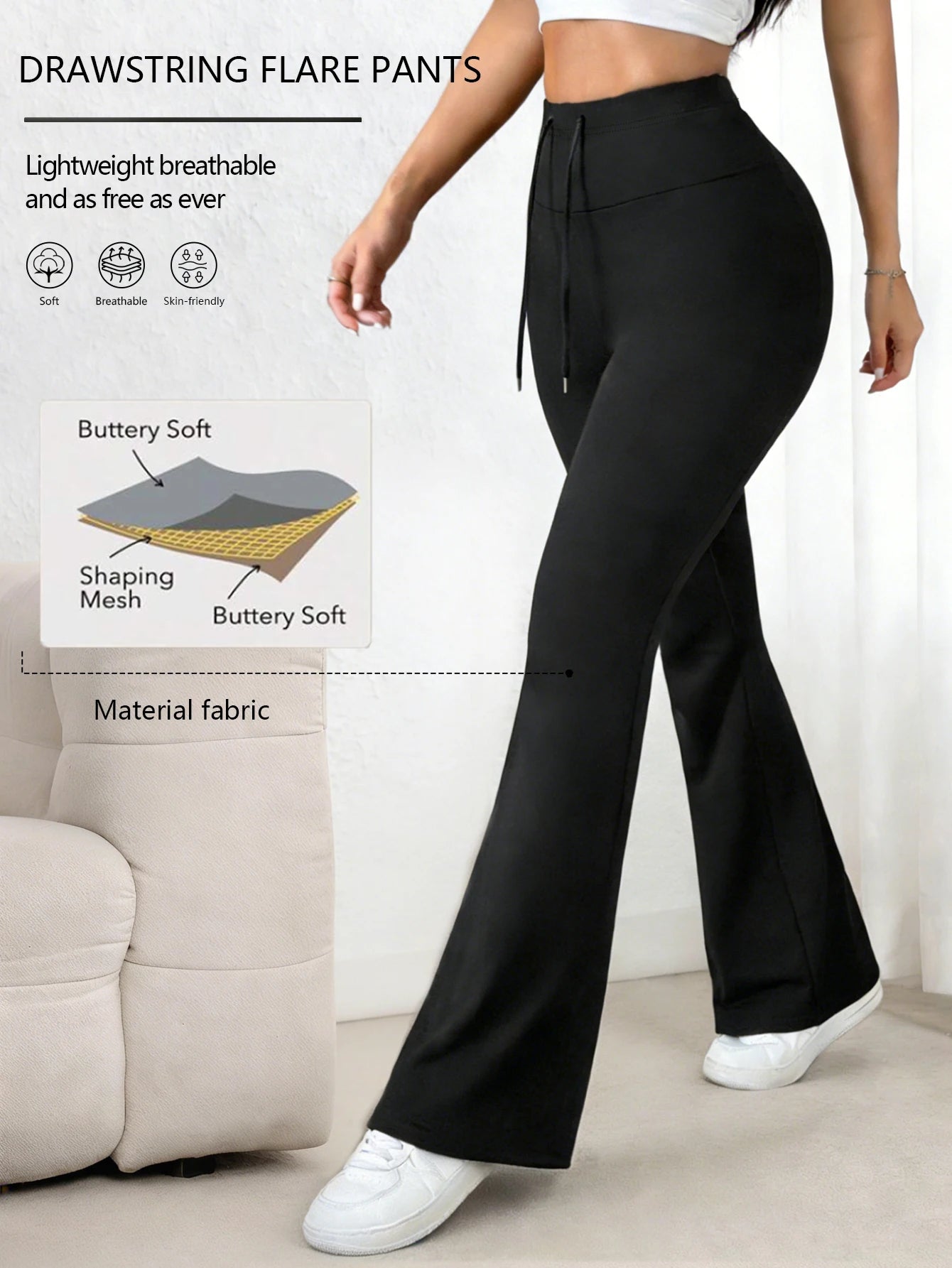 Women's Black High Waisted Bell-bottom Pants 2026 Spring Drawstring Waist Stretchy Skin-friendly Breathable Casual Daily Trendy