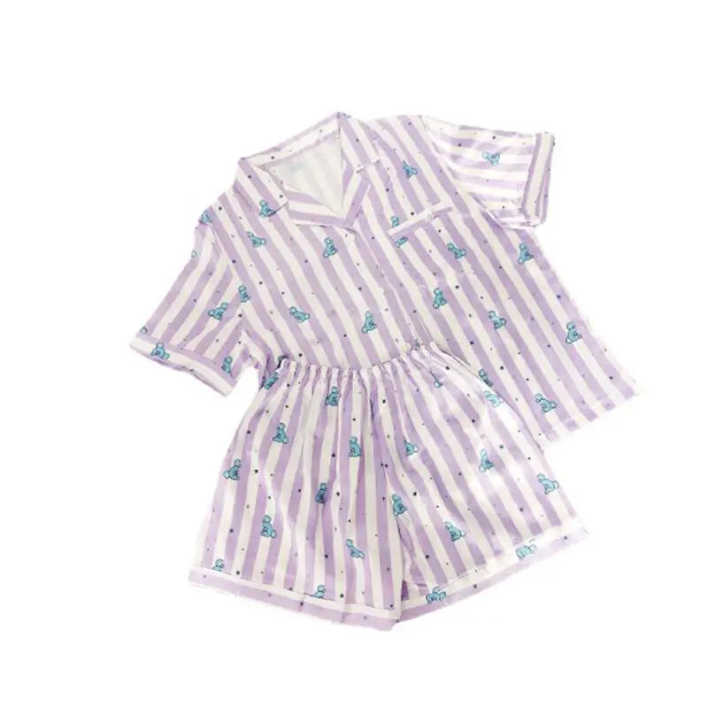 Kawaii Bt21 Tata Cooky Rj Pocket Short Sleeve and Shorts Pajama Set, Casual Satin Sleepwear with Lapel Collar and Button Detail