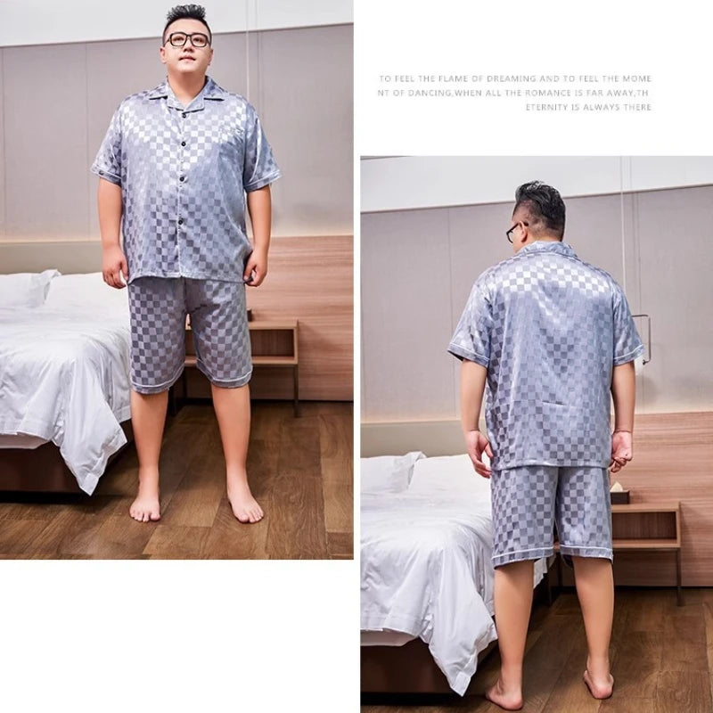 5XL Plus Size Pajamas for Men 150KG Summer Satin Sliky Sleepwear Short Sleeve Shorts 2PCS Set Loose Luxury Plaid Home Clothes