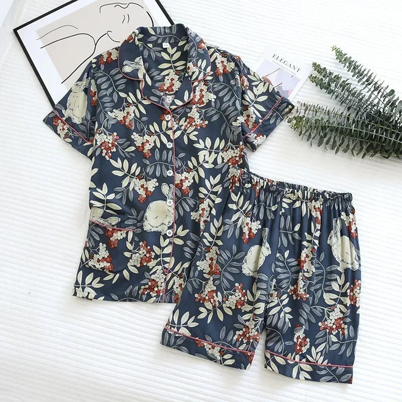 Women's Pajamas Set Short-sleeved Shorts Home Pijima Loose Two-piece Suit for Home Sleepwear Printed Plus Size Female Pijima