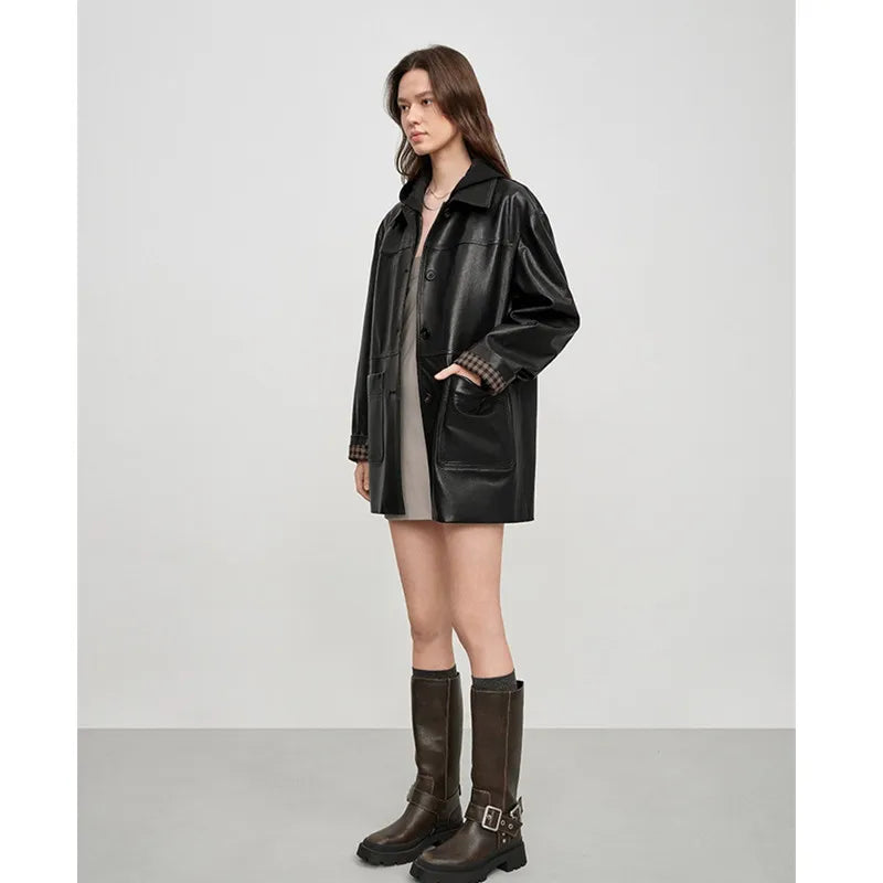 Women's Plant Tanned Leather Coat Trench Lapel Sheepskin Mid-Length Autumn Winter Outerwear