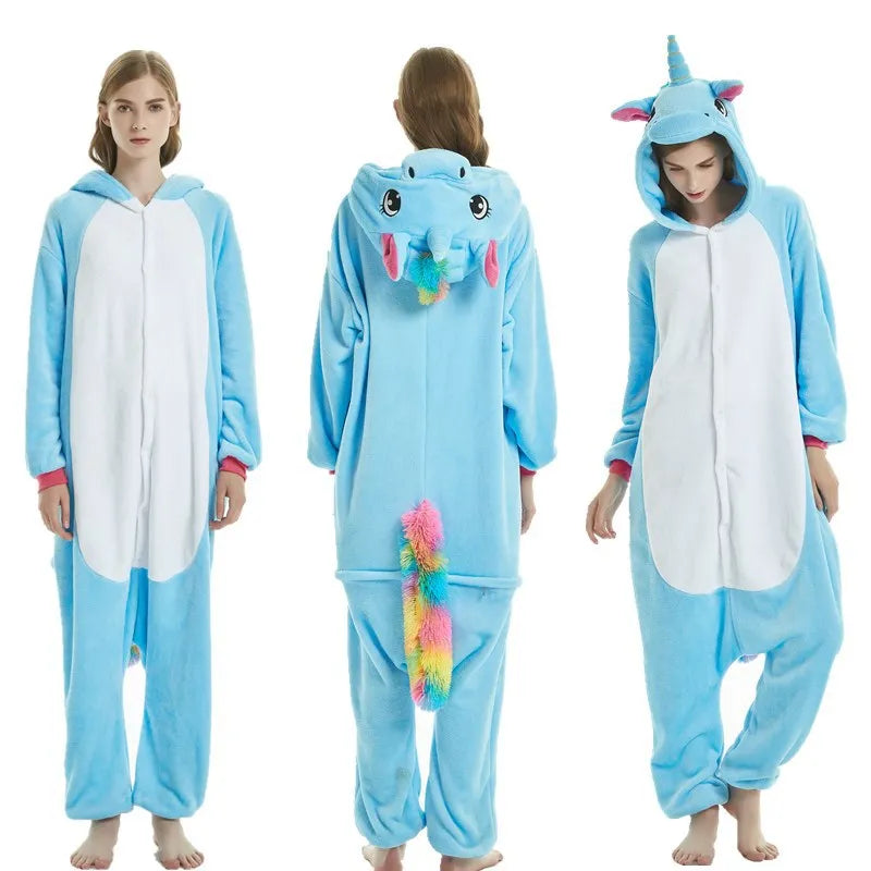Adults Animal Onesies Unicorn Pajamas Couple Sleepwear Women Men Winter Unisex Kigurumi Costumes Cartoon Flannel Rabbit Pajamas