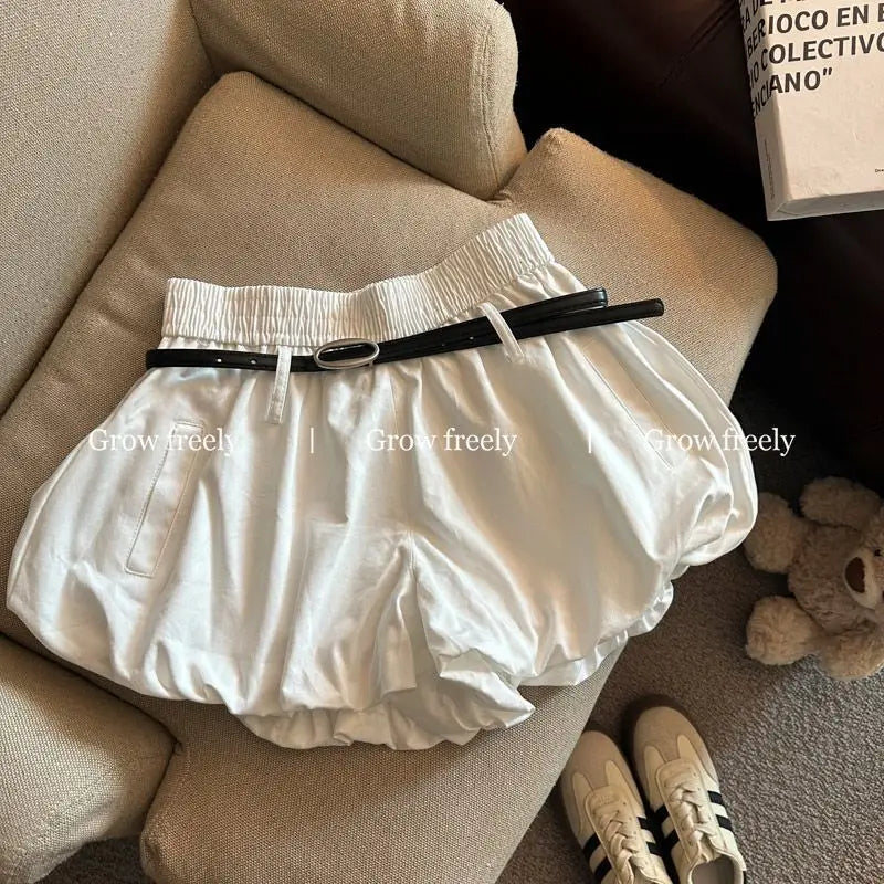 Women High Waist Casual Summer 2025 Elastic Waist Shorts Korean Style Blooming Skirt Pants with Belt