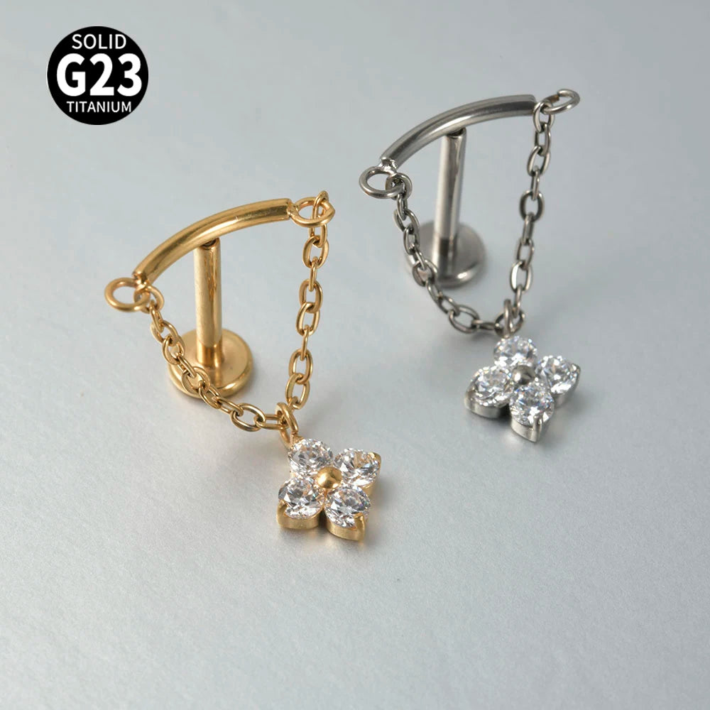 Dreamlee G23 Solid Titanium Chain Dangling Rook Helix Stud Inner Screw Flat Back Tragus Cartilage Earring Lobe Labret Piercing