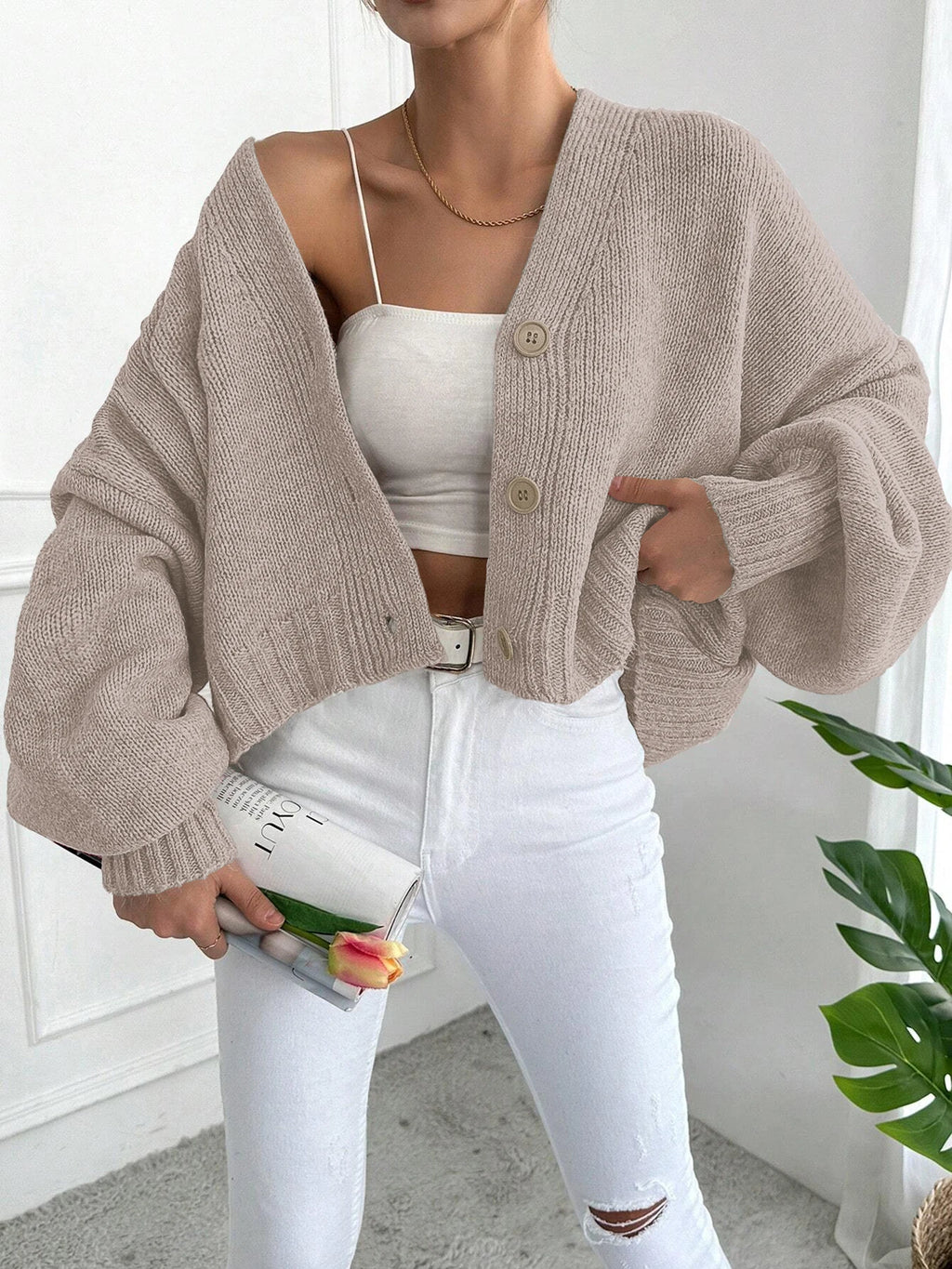 Women's Autumn Winter Knitted Sweater Cardigan, Batwing Sleeve Drop Shoulder Button Loose Fit Pullover, Casual Fashion for Ladie
