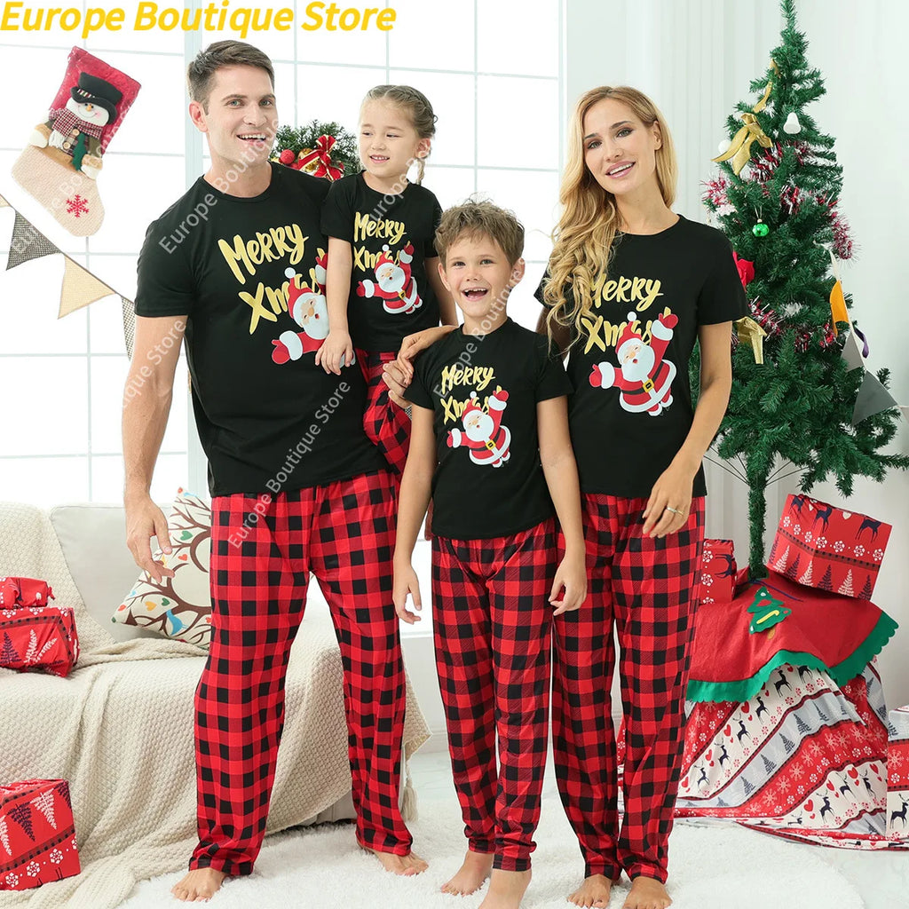 2025 New Year's Costume Short Sleeve Christmas Pajamas Set Matching Outfits for Family/Couples/Kids T-shirt+Trousers Sleepwear