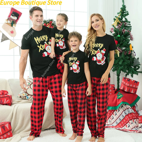 2025 New Year's Costume Short Sleeve Christmas Pajamas Set Matching Outfits for Family/Couples/Kids T-shirt+Trousers Sleepwear