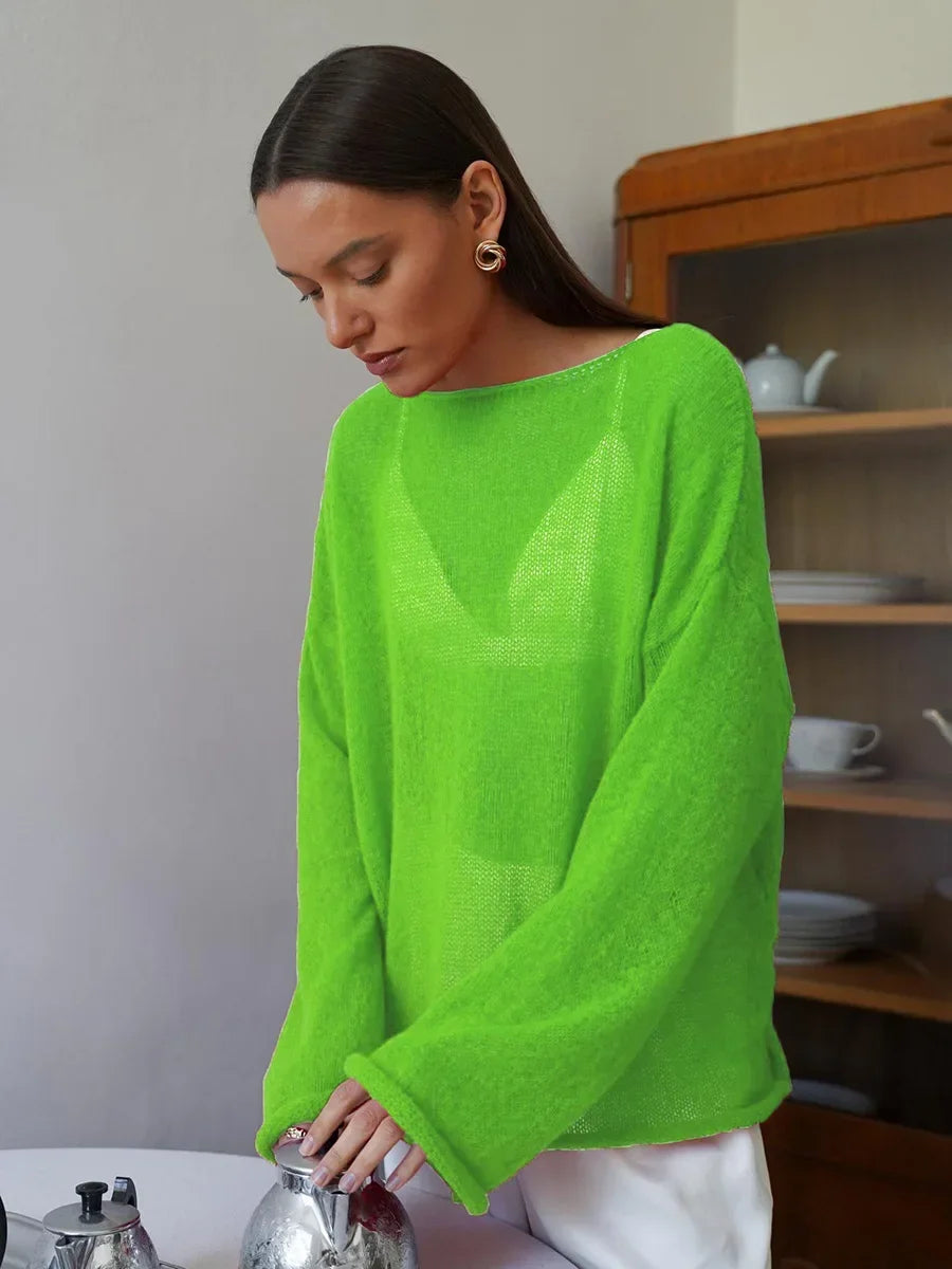 TARUXY Hollow Knitted Sweater Pullover 2024 Autumn New Women's See Through Thin Large Round Neck Bell Long Sleeve Knit T-Shirt