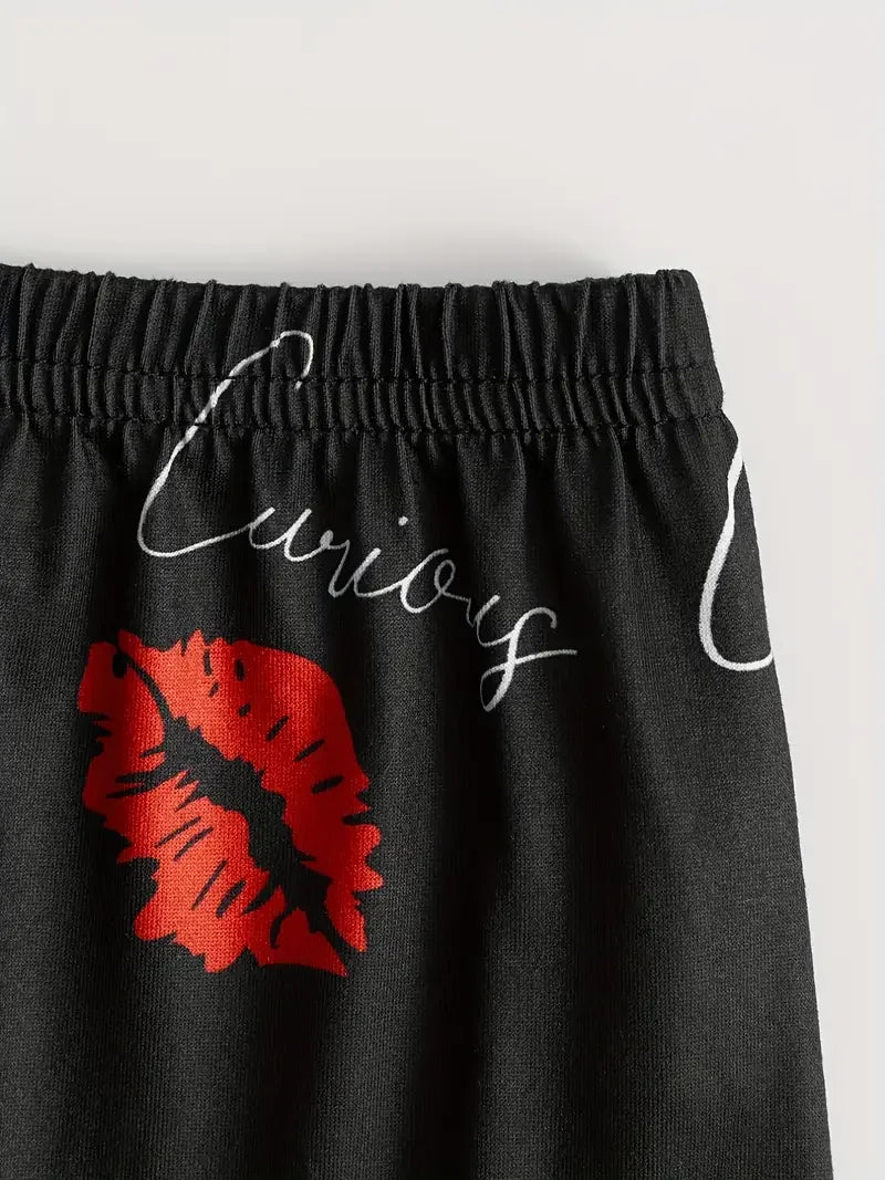 Red Lip Print Pajama Set For Women Sleepwear Scoop Neck Cami Top & Elastic Waistband Shorts Sets Summer Loungewear