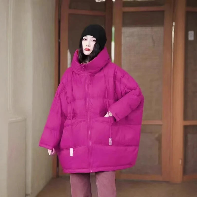 Lagabogy 2025 New Winter Women 90% White Duck Down Jacket Casual Loose Over Size Warm Parka Female Drawstring Hooded Puffer Coat