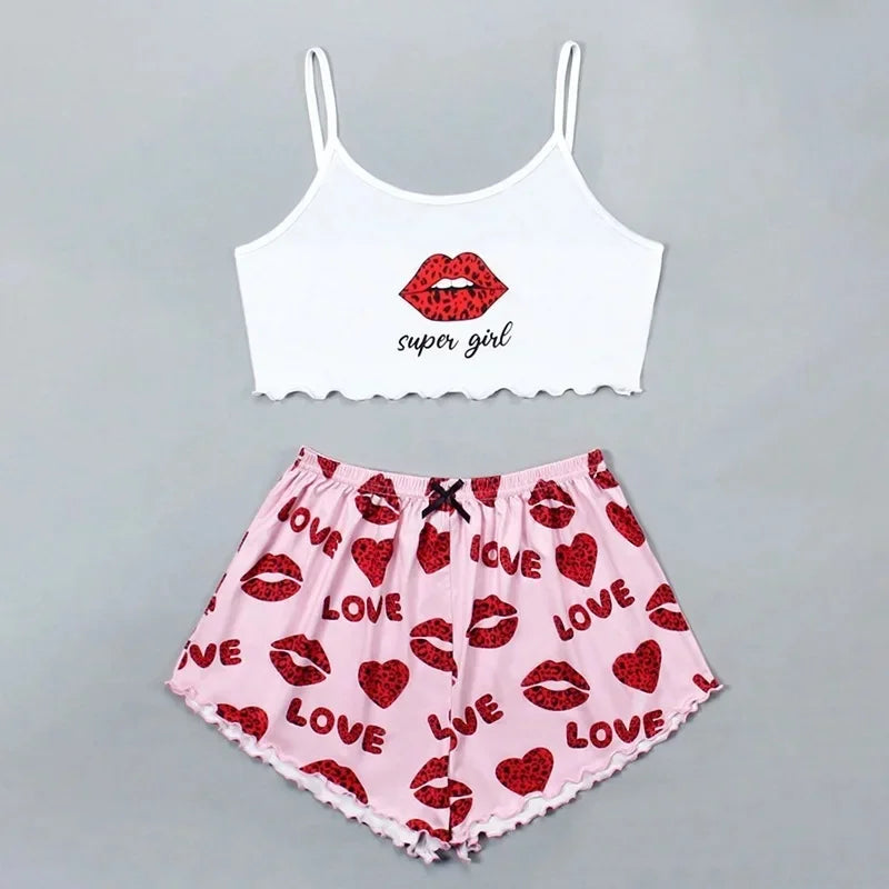 Comfortable Thin Knitted Vest Strap Home Sleepwear Set for Women Summer Season Print Pattern Home Leisure Women's Nightgown