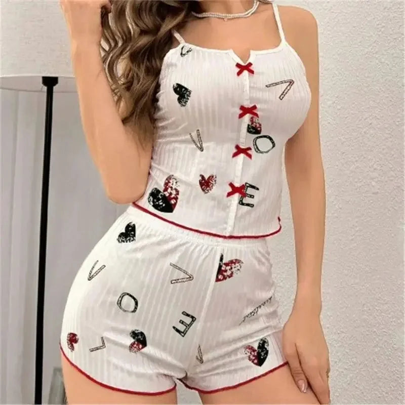 New Hot Sale Of The Season Heart Pattern Color Block Sleepwear Set with Slit in Front Strap Women's Vest Tops Non-Estitched Exte