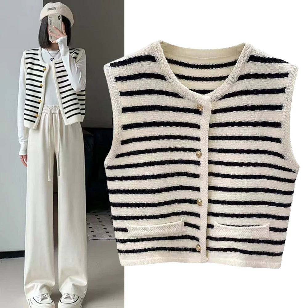 Chic Office Lady Korean Cardigan Women's Vest Elegant Stripe Casual Sweet Sleeveless Long Sleeve Sweater Vintage Basic Tank Top