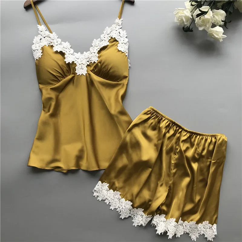 New European and American multi-color multi-size deep V waist lace suspender and lace shorts loungewear two-piece set