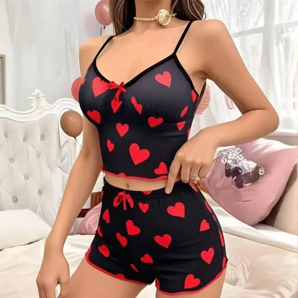2026 New Women's Pajamas Summer Soft and Comfortable Heart Printed Home Clothes Two Piece Set Sexy Strap Pajama Set Hot Selling